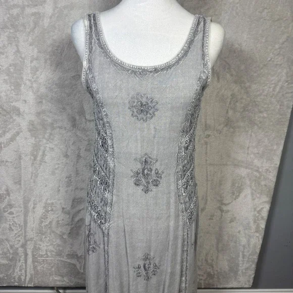 Magic One Size - S Rayon Embroidered Maxi Dress Sleeveless Gray Bohemian‎ Casual - Picture 2 of 14